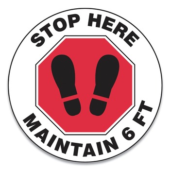 GN1 MFS390ESP 17 in. Circle "Stop Here Maintain 6 ft." Footprint Slip-Gard Social Distance Floor Signs - Red/White (25/Pack)