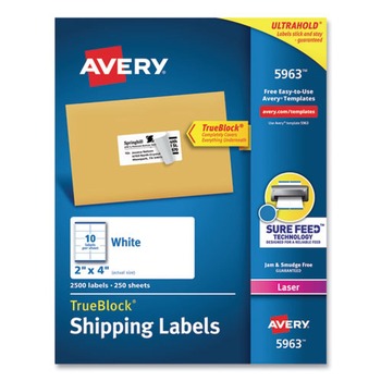 Avery 05963 2 in. x 4 in. Shipping Labels with TrueBlock Technology for Laser Printers - White (10/Sheet, 250 Sheets/Box)