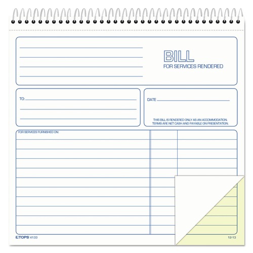 Retail Store Supplies | TOPS 4133 50 Forms Total Two-Part Carbonless 8.5 in. x 7.75 in. Bill for Services Rendered Book image number 0