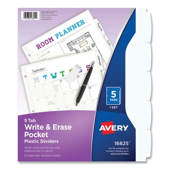 Avery 16825 5-Tab 11.13 in. x 9.25 in. Write and Erase Durable Plastic Dividers with Straight Pocket - White (1-Set)