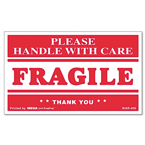 Labels | Universal UNV308383 3 in. x 5 in. Printed Message FRAGILE Handle with Care Self-Adhesive Shipping Labels - Red/Clear (1-Roll) image number 0