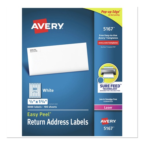Copy & Printer Paper | Avery 05167 Easy Peel 0.5 in. x 1.75 in. Address Labels with Sure Feed Technology - White (80/Sheet, 100 Sheets/Box) image number 0