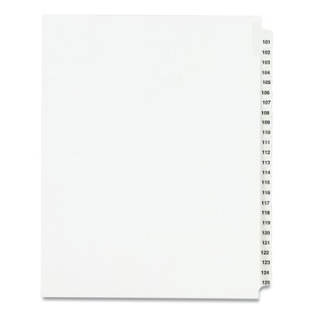 Avery 01334 11 in. x 8.5 in. 25-Tab 101 to 125 Avery Style Preprinted Legal Exhibit Side Tab Index Dividers - White (1-Set)