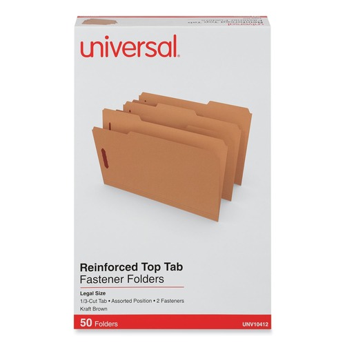 File Folders | Universal UNV10412 0.75 in. Expansion 2 Fasteners Legal Size Reinforced Top Tab Fastener Folders - Brown Kraft Exterior (50/Box) image number 0