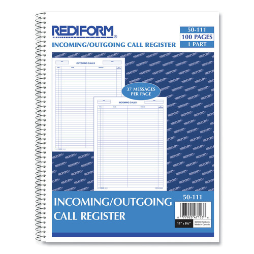 Notebooks & Pads | Rediform 50111 11 in. x 8.5 in. One-Part (No Copies) Wirebound Call Register image number 0