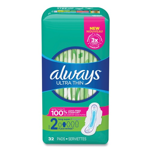 Skin Care & Hygiene | Always 97020PK Size 2 Long Super Absorbent Ultra Thin Pads with Wings (32/Pack) image number 0