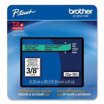 TAPES AND ADHESIVES | Brother P-Touch TZE721CS 0.35 in. x 26.2 ft. TZe Laminated Removable Label Tapes - Black on Green