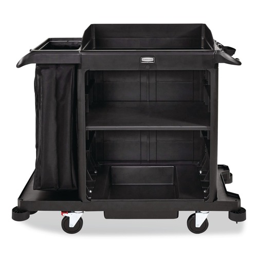 Cleaning Carts | Rubbermaid Commercial 2202585 23 in. x 53.12 in. x 19.1 in. 3-Shelf Compact Plastic Housekeeping Cart - Black image number 0