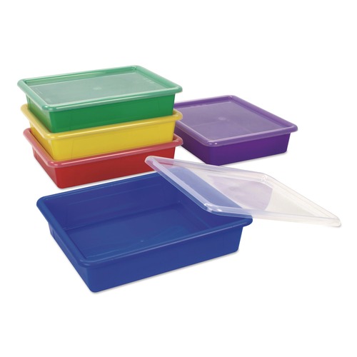 Boxes & Bins | Storex 62534U05C Storage Tray with Lid, Flat, 1 gal, 10.65-in x 10.65-in x 2.96-in, Assorted Bright, 5/Pack image number 0