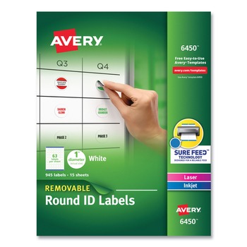 Avery 06450 1 in. Diameter Inkjet/Laser Removable Multi-Use Labels - White (945/Pack)