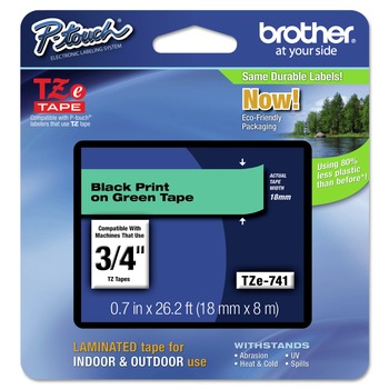 Brother P-Touch TZE741 0.7 in. x 26.2 ft. TZe Standard Adhesive Laminated Labeling Tape - Black on Green