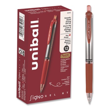 uni-ball 65942 Signo 0.7 mm Retractable Gel Pen - Red Ink/Silver/Red Barrel/Medium (1-Dozen)