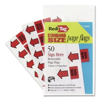 Redi-Tag B76809 Sign Here Removable/Reusable Page Flags - Red (50/Pack)