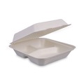 Food Trays, Containers, and Lids | Boardwalk HL-93BW 9 in. x 9 in. x 3.19 in. 3-Compartment Hinged-Lid Sugarcane Bagasse Food Containers - White (100/Sleeve, 2 Sleeves/Carton) image number 0