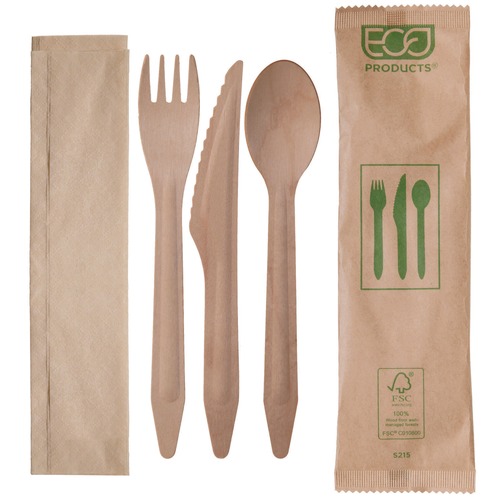 Cutlery | Eco-Products EP-S215 General Purpose Fork/Knife/Napkin/Spoon Wood Cutlery - Natural (500/Carton) image number 0
