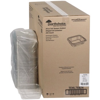 Pactiv Corp. TEHL7X624 7.25 in. x 6.37 in. x 2 in. 24 oz. EarthChoice Tamper Evident Recycled Hinged Lid Deli Container - Clear (231/Carton)