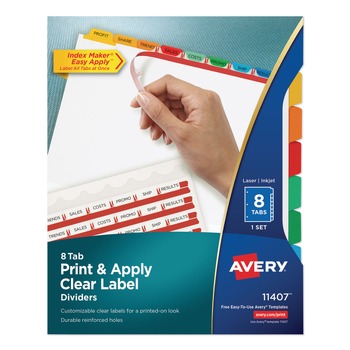 Avery 11407 11 in. x 8.5 in. 8-Tab Color Tabs Print and Apply Index Maker Clear Label Dividers - White (1-Set)