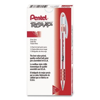 Pentel BK90-B Stick Fine 0.7 mm R.S.V.P. Ballpoint Pen - Red Ink, Clear/Red Barrel (1-Dozen)