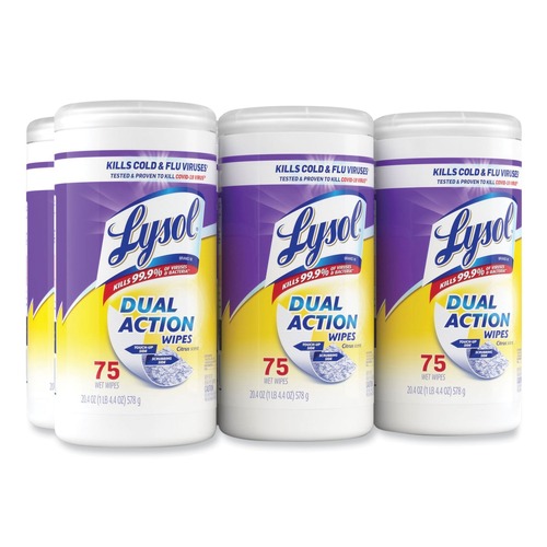 Hand Wipes | LYSOL Brand 19200-81700 7 in. x 7.5 in. 1-Ply Dual Action Disinfecting Wipes - Citrus, White/Purple (6 Canisters/Carton) image number 0