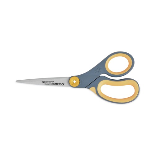 Arts & Crafts Supplies | Westcott 14849 8 in. Long x 3.25 in. Cut Length Non-Stick Titanium Bonded Scissors - Straight Gray/Yellow Handle image number 0