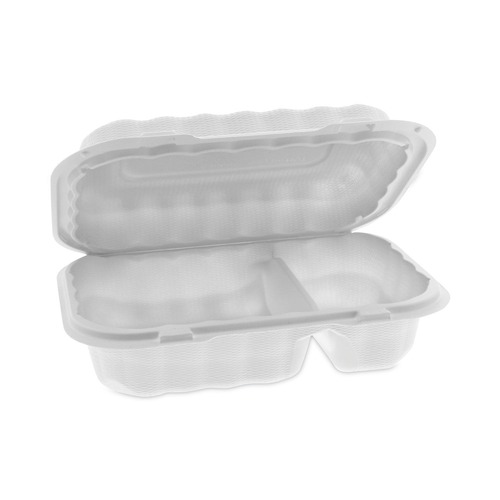 Food Trays, Containers, and Lids | Pactiv Corp. YCN809620000 9 in. x 6 in. x 3 in. 2-Compartment EarthChoice SmartLock Microwavable MFPP Plastic Hinged Lid Container - White (270/Carton) image number 0