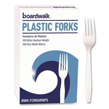 Boardwalk BWK FORKMWPS Mediumweight Polystyrene Plastic Fork Cutlery - White (100/Box)