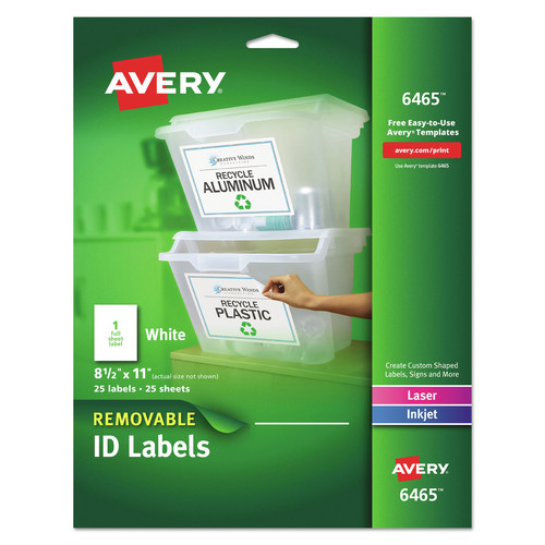 Labels | Avery 06465 8.5 in. x 11 in. Inkjet/Laser Printers Removable Multi-Use Labels - White (25/Pack) image number 0