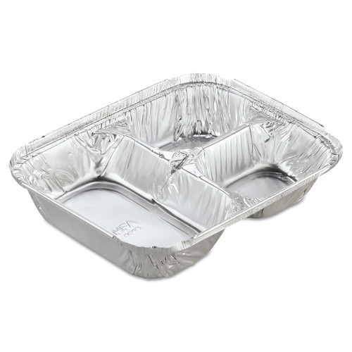  | Handi-Foil 2045-35-250W 8.5 in. x 6.38 in. x 1.47 in. 24 oz. 3-Compartment Aluminum Oblong Container with Lid - Silver (250/Carton) image number 0