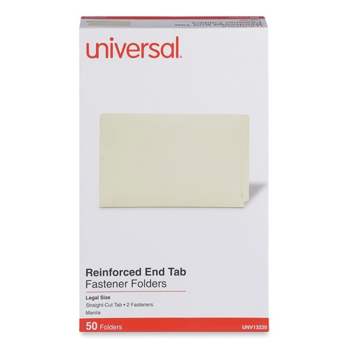 File Folders | Universal UNV13220 Reinforced Straight End Tab 2-Fastener File Folders - Legal, Manila (50/Box) image number 0
