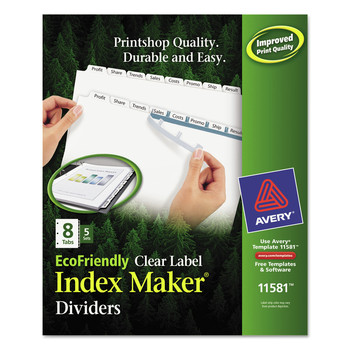 Avery 11581 11 in. x 8.5 in. 8-Tab Index Maker EcoFriendly Print and Apply Clear Label Dividers - White (5 Sets/Pack)