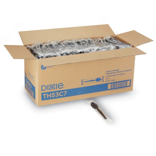 Cutlery | Dixie TH53C7 Individually Wrapped Heavyweight Polystyrene Teaspoons - Black (1000/Carton) image number 0