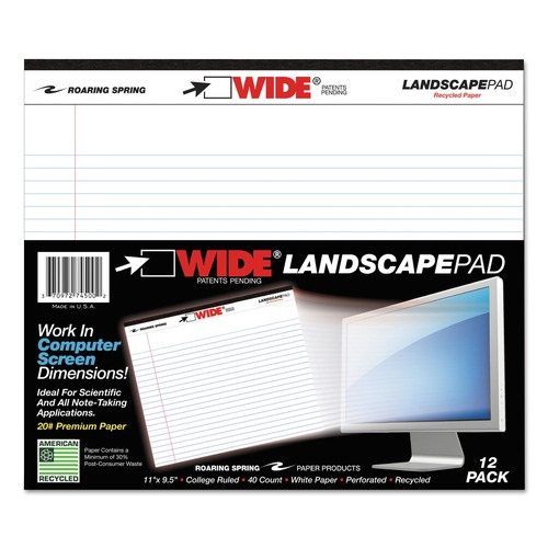 Notebooks & Pads | Roaring Spring 74500 WIDE Landscape 11 in. x 9.5 in. Sheets Medium/College Rule Unpunched Format Writing Pad with Standard Back - White image number 0