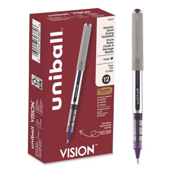 uni-ball 60382 VISION 0.7 mm Stick Roller Ball Pen - Violet Ink/Silver/Violet/Clear Barrel/Fine (1-Dozen)