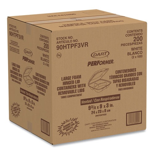 Food Trays, Containers, and Lids | Dart 90HTPF3VR 9.01 in. x 9.4 in. x 3.1 in. 3-Compartments Insulated Foam Hinged Lid Containers - White (200/Carton) image number 0