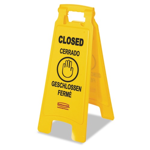 Floor Signs & Safety Signs | Rubbermaid Commercial FG611278YEL 11 in. x 12 in. x 25 in. 2-Sided Multilingual "Closed" Sign - Yellow image number 0