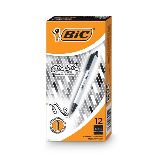 Pens | BIC CSM11 BLK Clic Stic Medium 1 millimeter Retractable Ballpoint Pen - Black Ink/White Barrel (1-Dozen) image number 0