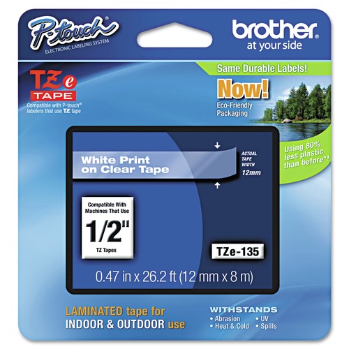 Labels | Brother P-Touch TZE135 TZe 0.47 in. x 26.2 ft. Standard Adhesive Laminated Labeling Tape - White on Clear image number 0