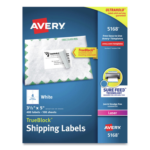 Labels | Avery 05168 3.5 in. x 5 in. Shipping Labels with TrueBlock Technology - White (4/Sheet, 100 Sheets/Box) image number 0