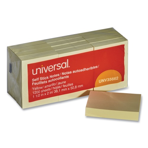 Sticky Notes & Post it | Universal UNV35662 100 Sheet Self-Stick 1-1/2 in. x 2 in. Note Pads - Yellow (12/Pack) image number 0