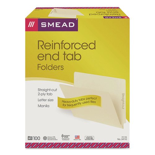 File Folders | Smead 24110 9.5 in. High Front Straight Tabs Letter Size 0.75 in. Expansion Heavyweight End Tab Folders - Manila (100/Box) image number 0