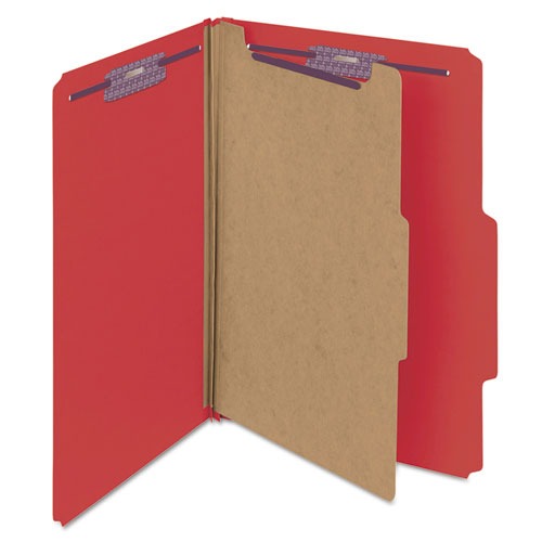 File Folders | Smead 18731 1 Divider Four SafeSHIELD Fasteners Legal Size Four-Section Pressboard Top Tab Classification Folders - Bright Red (10/Box) image number 0