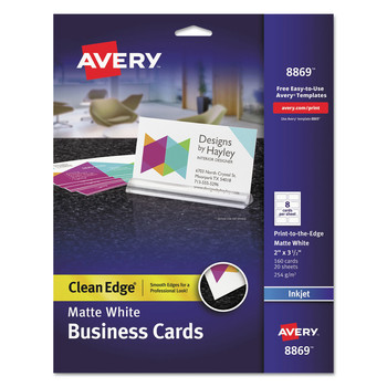  | Avery 08869 2 in. x 3.5 in. Print-to-the-Edge True Print Business Cards for Inkjet Printers - White (160 Cards, 8 Cards/Sheet, 20 Sheets/Pack)