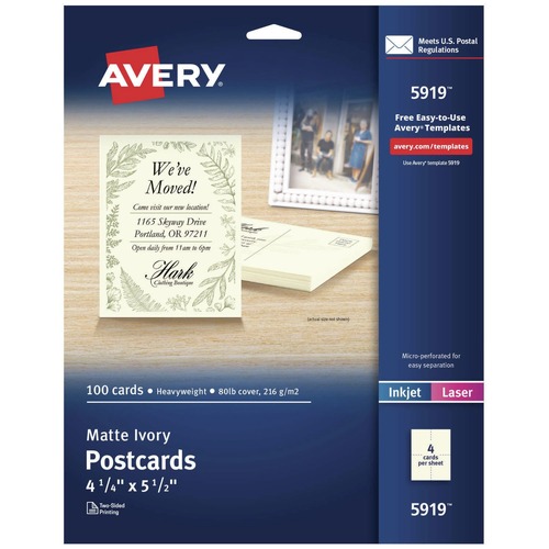 Avery | Avery 05919 4.25 in. x 5.5 in. 74 lbs. Inkjet/Laser Printable Postcards - Ivory (100/Pack) image number 0