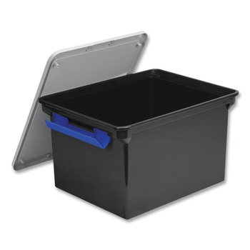 Storex 61543U04C 13.9 in. x 18.3 in. x 10.6 in. Legal/Letter Tote with Locking Handles - Black/Silver/Blue (4/Carton)