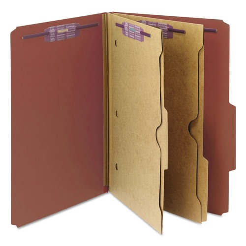 File Folders | Smead 19079 6 SafeSHIELD Fasteners 2 Dividers Legal Size 6-Section Pressboard Top Tab Pocket Classification Folders - Red (10/Box) image number 0