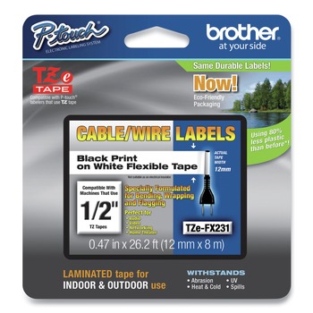 Brother P-Touch TZEFX231 0.47 in. x 26.2 ft. Flexible ID Tape - Black on White
