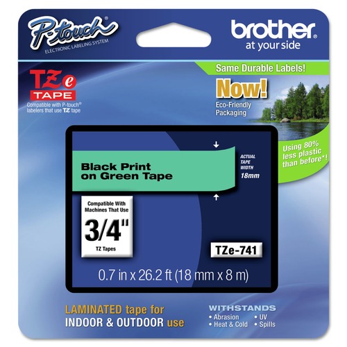 Labels | Brother P-Touch TZE741 0.7 in. x 26.2 ft. TZe Standard Adhesive Laminated Labeling Tape - Black on Green image number 0