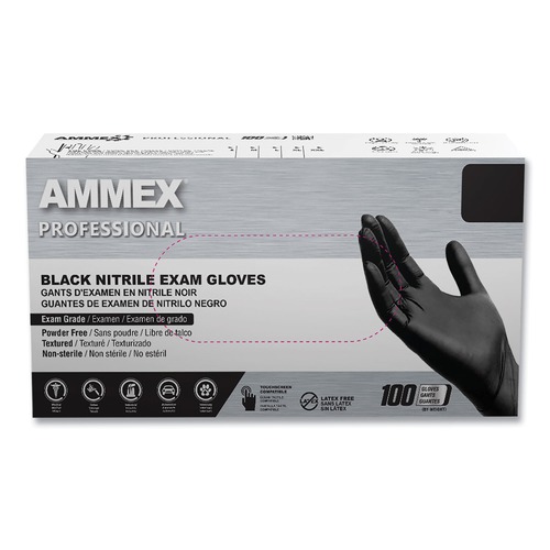 Disposable Gloves | Ammex ABNPF42100 Nitrile Exam Gloves, Powder-Free, 3 mil, Small, Black, 100/Box, 10 Boxes/Carton image number 0
