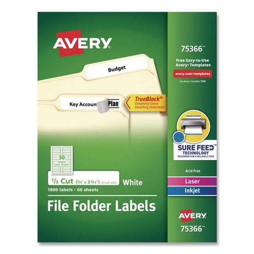 Labels | Avery 75366 0.66 in. x 3.44 in. Permanent TrueBlock File Folder Labels with Sure Feed Technology - White (1800/Box) image number 0
