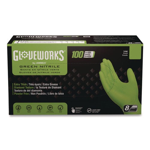 Disposable Gloves | Ammex GWGN49100CT 8 mil Heavy-Duty Industrial Powder-Free Nitrile Gloves - 2X-Large, Green (1000/Carton) image number 0
